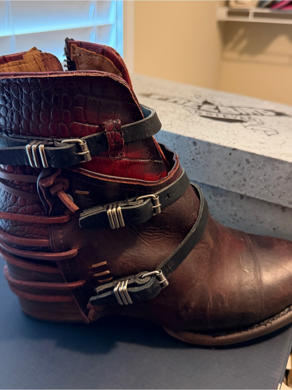 Freebird by Steven Brown Leather Ankle Booties with Black Straps